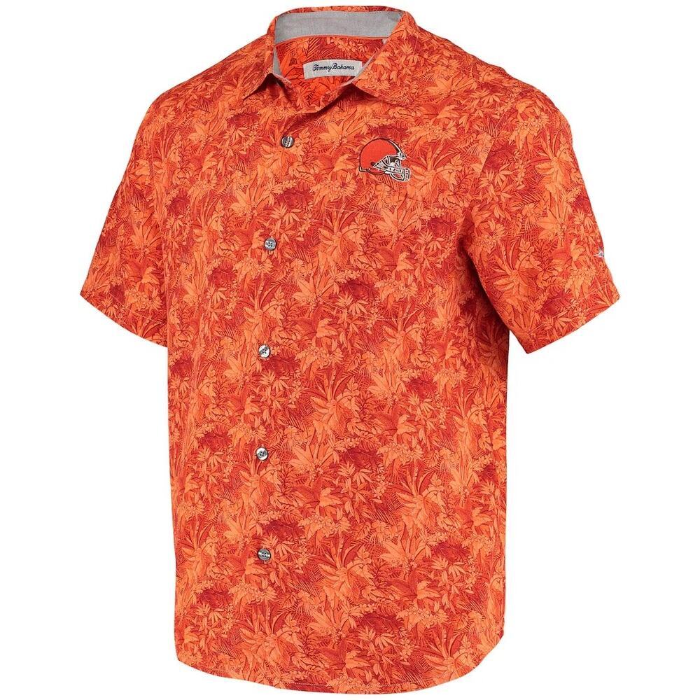 Tommy Bahama Cleveland Browns Orange Jungle Shade Camp Shirt XL 100% Silk Preppy